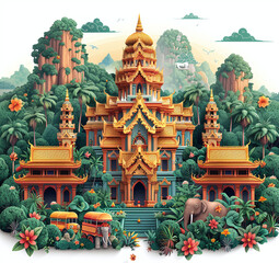 Fantasy illustration of a golden temple in a lush jungle with elephants and exotic flora.