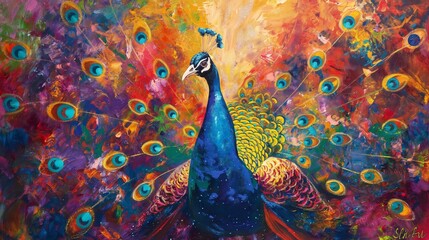 A vibrant peacock displaying its iridescent plumage in full bloom, captivating the viewer with its mesmerizing beauty.