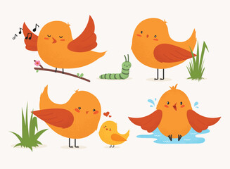Cute birds. The character is in different poses: a bird sings, bathes, a bird with a chick and a caterpillar. For stickers, cards, patterns, textiles, illustrations for children's books.