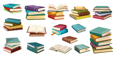 Books collection. Isolated open and close book, notebook in piles and single. Education, library and school elements. Reading hobby, vector set