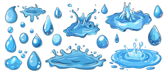 Blue water splashes, puddles and drops. Liquid elements, isolated raindrops. Wet cartoon elements, decorative weather vector set
