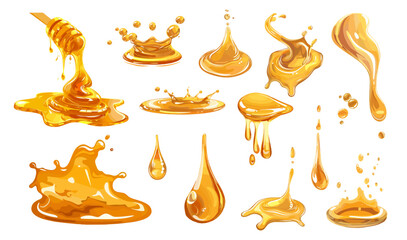 Cartoon liquid honey. Sweet caramel flows and blobs. Dessert sauce drops. Culinary and baking, cooking. Beekeeping vector elements