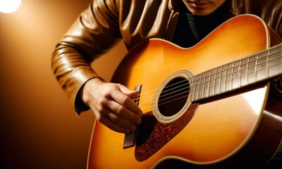 A guitarist gets lost in the music, strumming an acoustic guitar under a captivating warm light. The scene is a blend of emotion and craftsmanship.