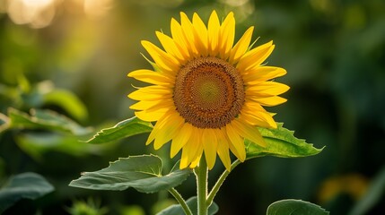 A vibrant sunflower basking in golden sunlight against a lush, emerald green background.
