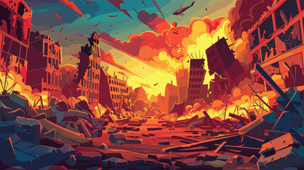 City destroyed by bombs and war. Cartoon illustration of tragedy and destructions. Ruins of houses and smoke, explosions, vector landscape