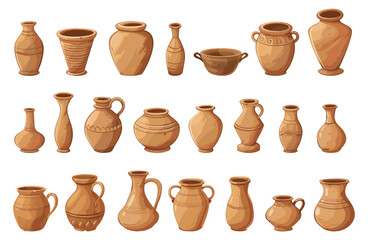 Clay pots, vases and jugs. Ancient traditional east culture crockery and water jug. Isolated archeology treasures, ceramic vector collection