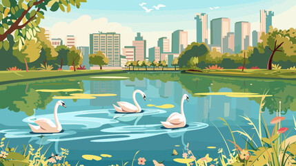 City park pond with swans. White swan on lake, urban nature landscape. Town place for relax and rest, cartoon vector illustration