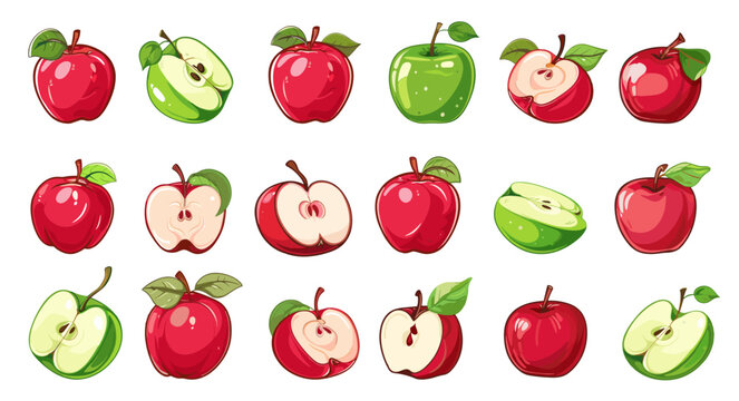 Cartoon green red apples. Fresh apple half and full, cut fruits. Harvest, agricultural farm market. Popular vitamin fruit for dessert, pies, vector set