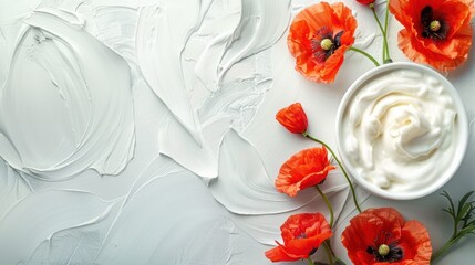 a bowl of yogurt and some red flowers on a white surface with white swirls in the background.