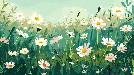 Green meadow with daisy and grass. Seasonal chamomile field, spring summer nature landscape. Cartoon park, floral vector illustration - obrazy, fototapety, plakaty