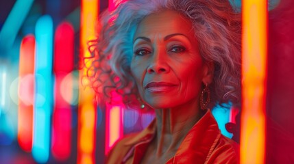 Obraz premium Woman in Red Jacket Amid Neon Lights