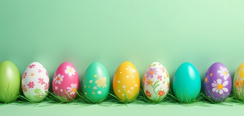 Row of eggs decorated with daisies and flowers on top of grass. Easter day banner