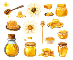Honey cartoon elements. Isolated glass jars, honeycombs and liquids drops. Sweet natural dessert, beekeeping ingredients, vector collection
