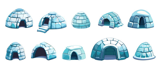 Igloo collection. Cartoon ice brick houses, north pole buildings. Traditional houses of nordic people nations, isolated vector set