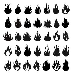Isolated fires icons. Danger fire, black flames silhouettes. Campfire, natural hot disaster. Abstract monochrome logo bonfire vector set