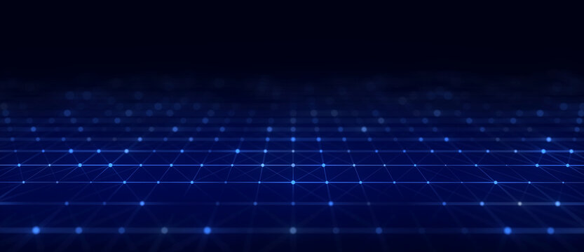 Abstract perspective blue grid. Wireframe landscape with dots and lines. 3D rendering.