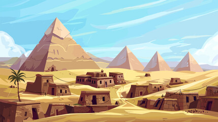 Pyramids in desert illustration. Stone homes of poor people in sands. Archeology place on east region. Tombs, tourism and travel vector landscape - obrazy, fototapety, plakaty