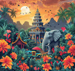 Vibrant digital artwork of a tropical scene with an elephant, temple, lush flora, and a tuk-tuk under a sunset sky.