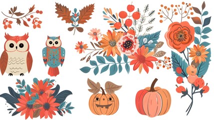 Autumn floral set. Colorful floral elements for fall floral clipart Flowers owl pumpkin apple floral bouquet - obrazy, fototapety, plakaty