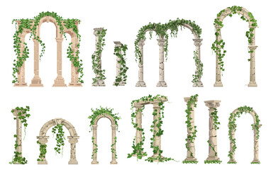 Roman columns. Ancient greek column with ivy green leaves. Isolated archeology elements, old architecture collection. Greece symbols, vector set