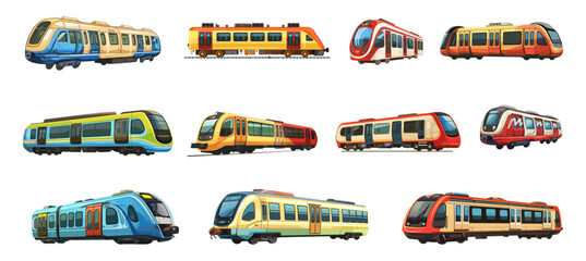 Subway trains. Cartoon isolated train set, modern urban underground transport. Rail transportation, tram or subway. Public vehicle vector set - obrazy, fototapety, plakaty