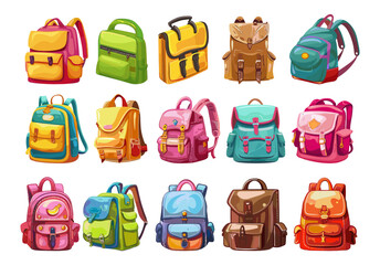 School office backpacks cartoon collection. Bright childish bags for education, college or university. Kids travel camp luggage, vector set