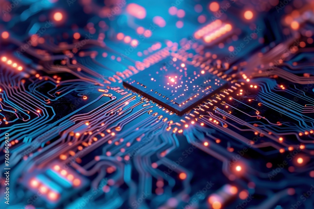 Poster innovative abstract microchip neon. data macro. generate ai