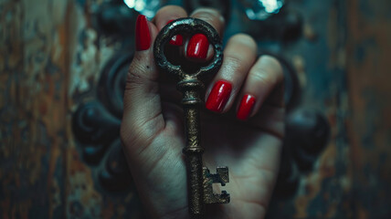 Woman's hand holding an old key.
