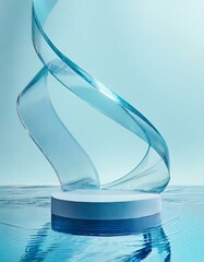 podium with transparent glass wavy ribbon on water. Abstract geometric background in holographic blue colors - obrazy, fototapety, plakaty