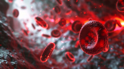 3D rendering of red blood cells in vein with depth of field flowing in one direction - obrazy, fototapety, plakaty