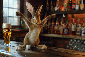 A whimsical animated rabbit celebrates cheerfully with a beer on a bar counter, invoking a festive and humorous mood
