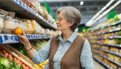 Obraz premium Retired eldery woman stands by shelves with products in a grocery store and look at the prices