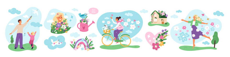 Happy spring people. Guys and girls enjoy warm weather and awakening nature. Seasons change. Summer birds and flowers. Sky rainbows. Woman on bicycle. Family fly kite. Garish vector set - obrazy, fototapety, plakaty