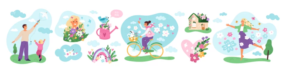 Tuinposter Happy spring people. Guys and girls enjoy warm weather and awakening nature. Seasons change. Summer birds and flowers. Sky rainbows. Woman on bicycle. Family fly kite. Garish vector set © VectorBum