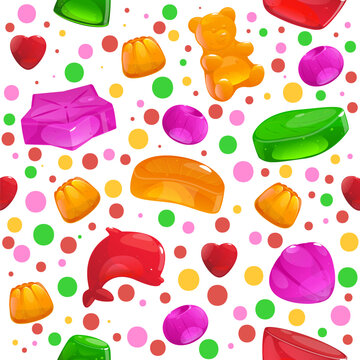 Jelly candies seamless pattern. Fruit gummy sweets. Color marmalade molds. Baby chewing vitamins. Different fruit tastes. Delicious gelatin dessert. Yummy confectionery. Vector background