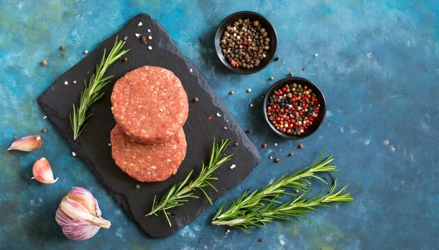 Raw burger cutlets, top view on a beautiful background with a black stand, rosemary and peppercorns