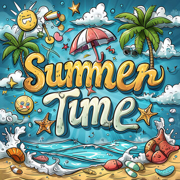 Colorful summer-themed illustration with beach elements, palm trees, and "Summertime" text, ideal for seasonal designs.