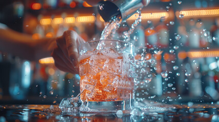 Bartender pouring drink with ice splashes.