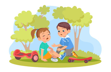Friends supports. Boy helps crying girl up and calms her down. Gives hand. Childhood injuries. Kids active games. People ride skateboard or hoverboard in park. Splendid vector concept © VectorBum