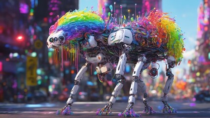 A quadrupedal robot with a vibrant, multicolored fur-like covering stands amidst a bustling city environment. The whimsical fusion of animalistic features and robotics suggests a playful side of - obrazy, fototapety, plakaty