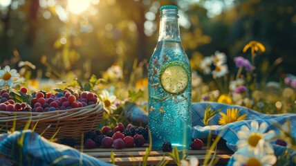 Sparkling water bottle among fruits outdoors