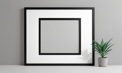A large black frame rests on a white surface, its presence accentuated by the delicate shadow of a nearby green plant. The composition speaks to a natural and artistic fusion.