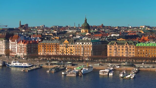 Stockholm old town - Ostermalm, next to Gamla stan. Aerial 4K footage of Sweden capital. Drone top panorama video