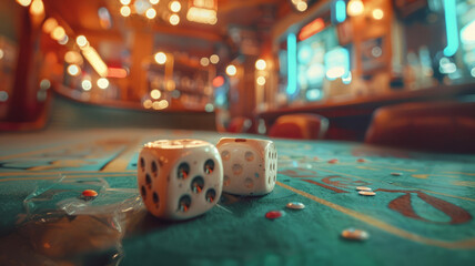 Two dice on a colorful game board - obrazy, fototapety, plakaty