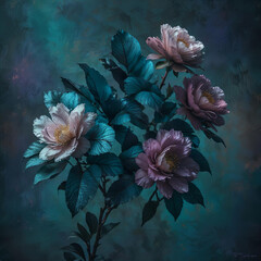Fototapeta na wymiar Camellia Flower on Dark Background - Contrasting Textures and Gradient Fills Gen AI