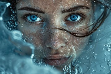 Fototapeta na wymiar Mermaid Looks from Water, Young Girl Beautiful Face, Big Eyes Underwater, Mermaid Portrait Closeup