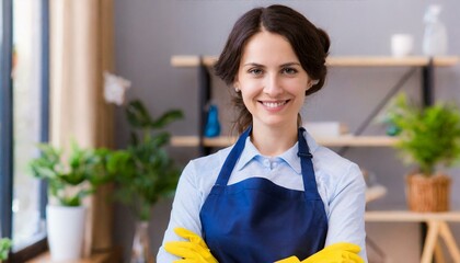  professional woman cleaner portrait in blue apron, office and home housekeeping and cleaning service  - obrazy, fototapety, plakaty