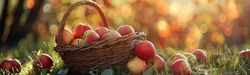 Red Apples in Basket, Rich Apples Harvest Banner, Ripe Fruits in Garden on Grass under Apple Tree - obrazy, fototapety, plakaty