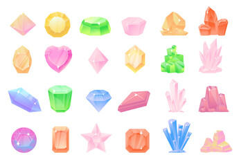 Crystals and gems. Natural stones. Shiny quartz. Geological minerals. Brilliant diamonds. Delicate pastel tones. Different cut types. Rock stalactites. Vector sparkling gemstones set