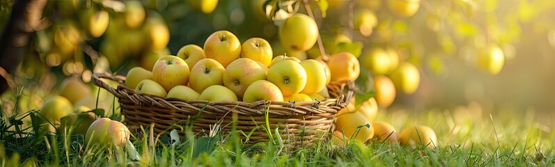 Yellow Apples in Basket, Rich Apples Harvest Banner, Ripe Fruits in Garden on Grass under Apple Tree